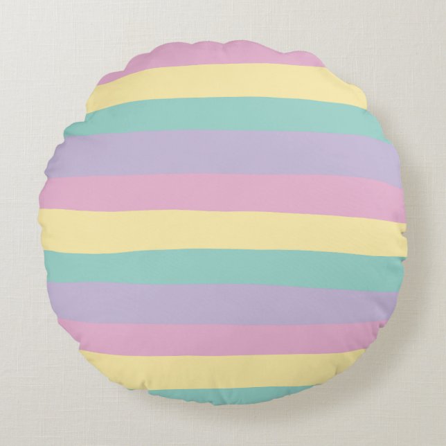 Uneven Stripes-Pastel Pink, Yellow, Purple & Green Round Cushion (Front)