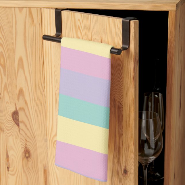 Uneven Stripes-Pastel Pink, Yellow, Purple & Green Tea Towel (Thirds Fold)