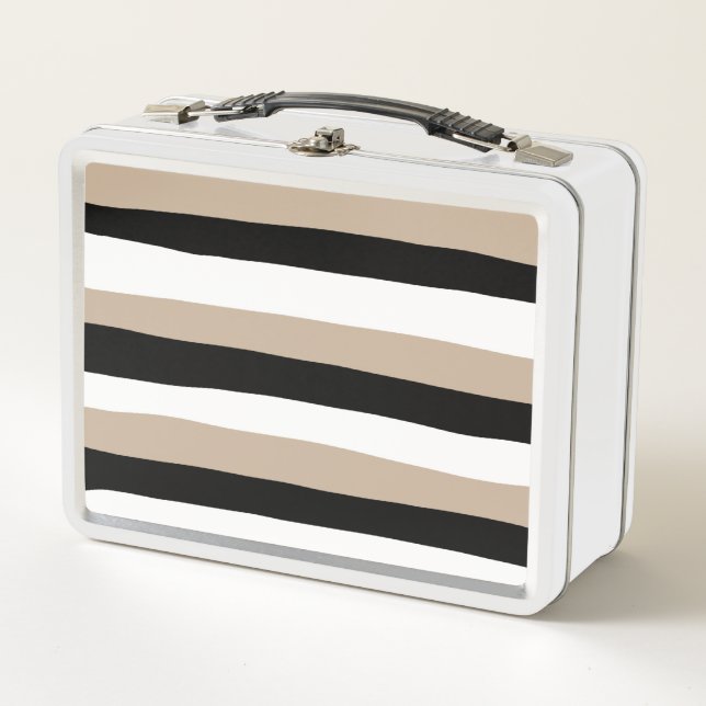 Uneven Stripes - Taupe, Black and White Metal Lunch Box (Front)