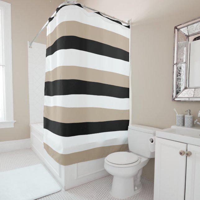 Uneven Stripes - Taupe, Black and White Shower Curtain (In Situ)