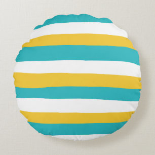 Uneven Stripes - Turquoise and Yellow Round Cushion