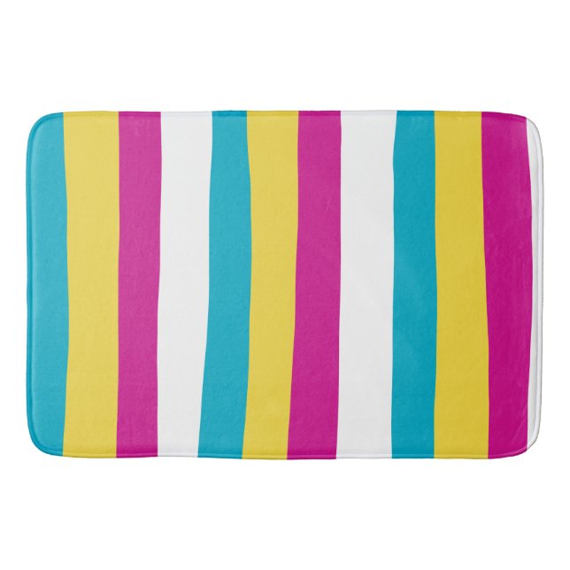Uneven Stripes - Turquoise, Yellow, Pink and White Bath Mat (Front)
