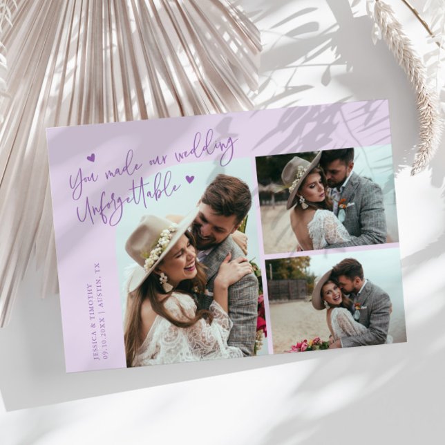Unforgettable Wedding Lilac Multi Photo Thank You Card (Creator Uploaded)