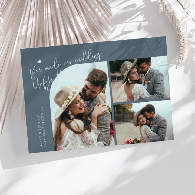 Unforgettable Wedding Slate Blue Multi Photo Thank You Card (Creator Uploaded)