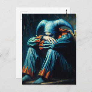 Unhappy Jester Wearing Blue and Orange  Postcard