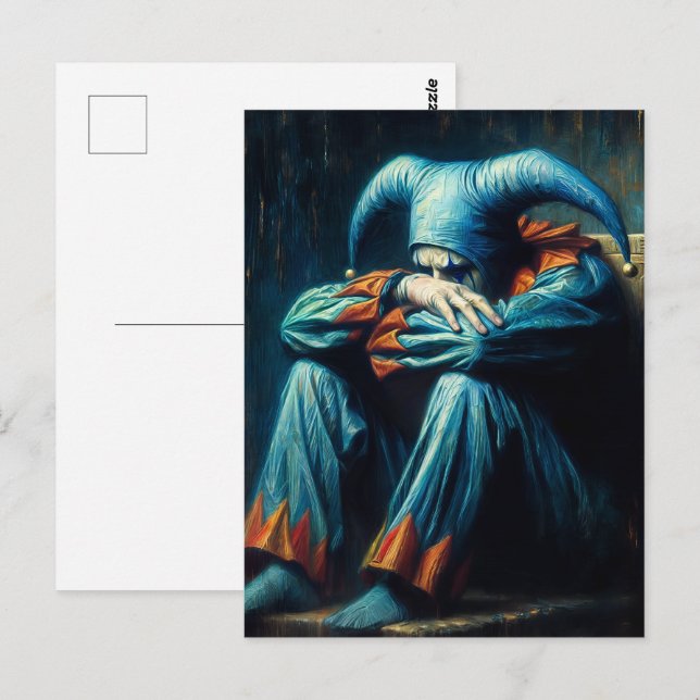 Unhappy Jester Wearing Blue and Orange  Postcard (Front/Back)