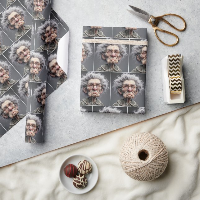 Unhappy Old Lady Caricature  Wrapping Paper (Crafts)
