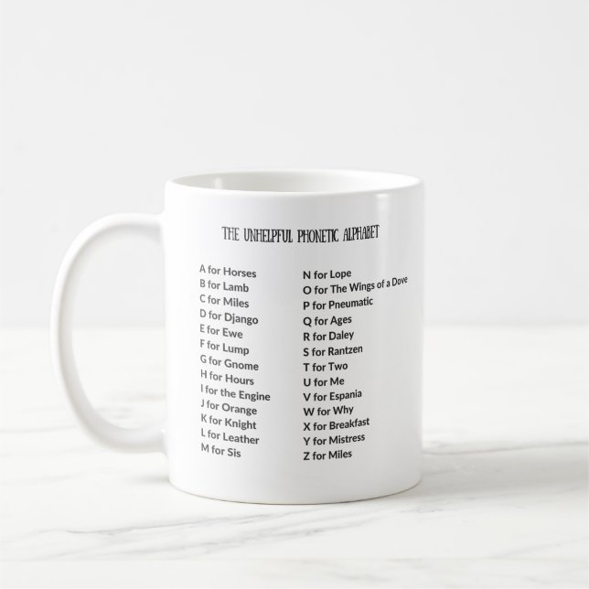 Unhelpful Phonetic Alphabet Mug (Left)