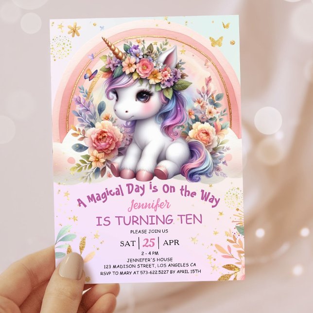 Unicorn 10th Birthday Girl Pink Floral Rainbow Invitation (#UnicornBirthdayInvitation #UnicornBirthdayInvitationTemplate #UnicornBirthdayInvitationEditable 
)
