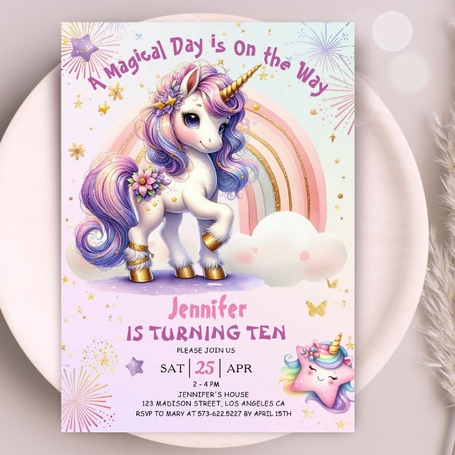 Unicorn 10th Birthday Girl Purple Gold Rainbow Invitation (#UnicornBirthdayInvitation #UnicornBirthdayInvitationTemplate #UnicornBirthdayInvitationEditable 
)