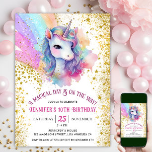 Unicorn 10th Birthday   Gold Glitter Rainbow  Invitation