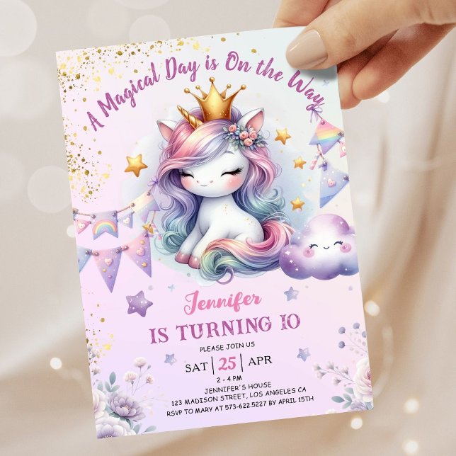 Unicorn 10th Birthday Invite Girl Pink & Gold (#UnicornBirthdayInvitation #UnicornBirthdayInvitationTemplate #UnicornBirthdayInvitationEditable 
)