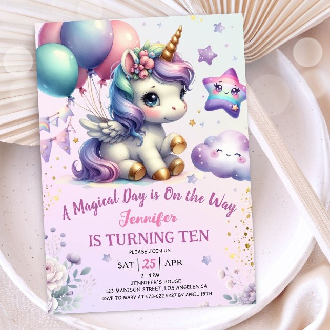 Unicorn 10th Birthday Invite Girl Purple & Gold (#UnicornBirthdayInvitation #UnicornBirthdayInvitationTemplate #UnicornBirthdayInvitationEditable 
)