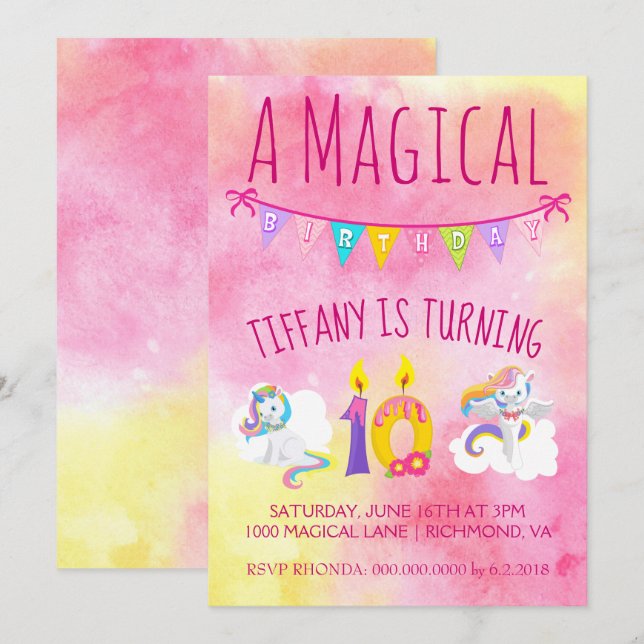 Unicorn 10th  birthday party pink invitation (Front/Back)