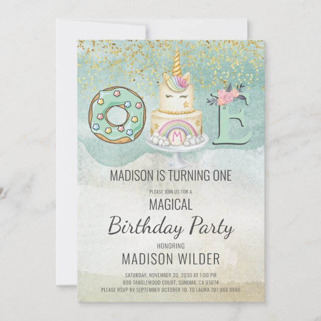 Unicorn 1st Birthday Aqua Pink Invitation (Front)