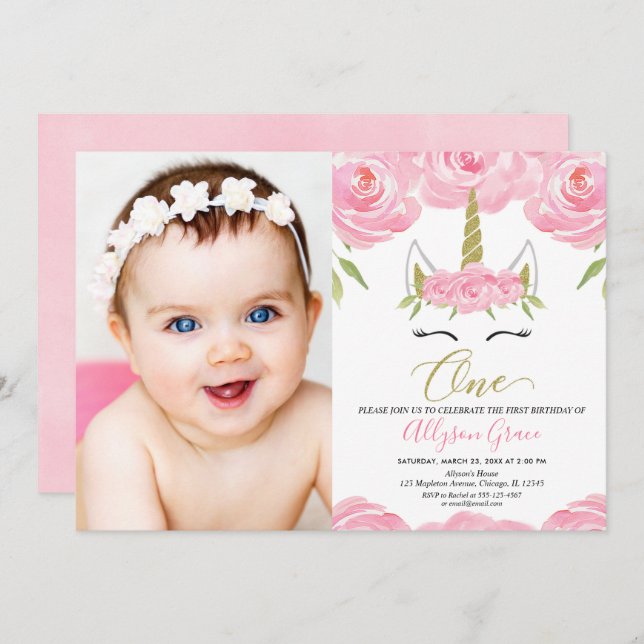 Unicorn 1st birthday elegant floral photo invitation (Front/Back)