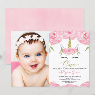 Unicorn 1st birthday elegant floral photo invitation