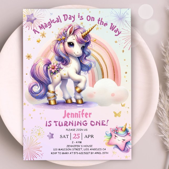 Unicorn 1st Birthday Girl Purple Gold Rainbow Invitation (#UnicornBirthdayInvitation #UnicornBirthdayInvitationTemplate #UnicornBirthdayInvitationEditable )