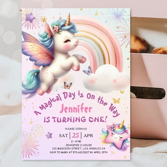 Unicorn 1st Birthday Girl Purple Pink Rainbow Invitation (#UnicornBirthdayInvitation#RainbowUnicornBirthdayInvitation  #MagicalUnicornBirthdayInvitation 
)