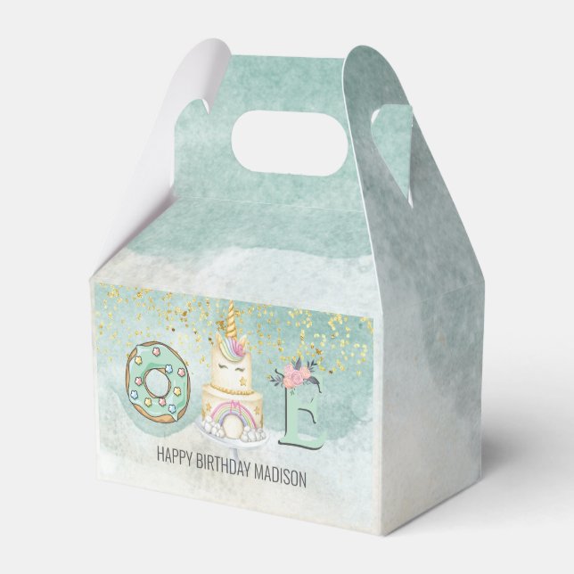 Unicorn 1st Birthday Gold Aqua Pink  Favour Box (Front Side)