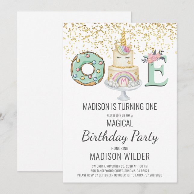 Unicorn 1st Birthday Gold Aqua Pink White Invitation (Front/Back)