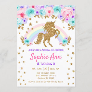 Unicorn 1st Birthday - Gold Teal Purple Pink Invitation