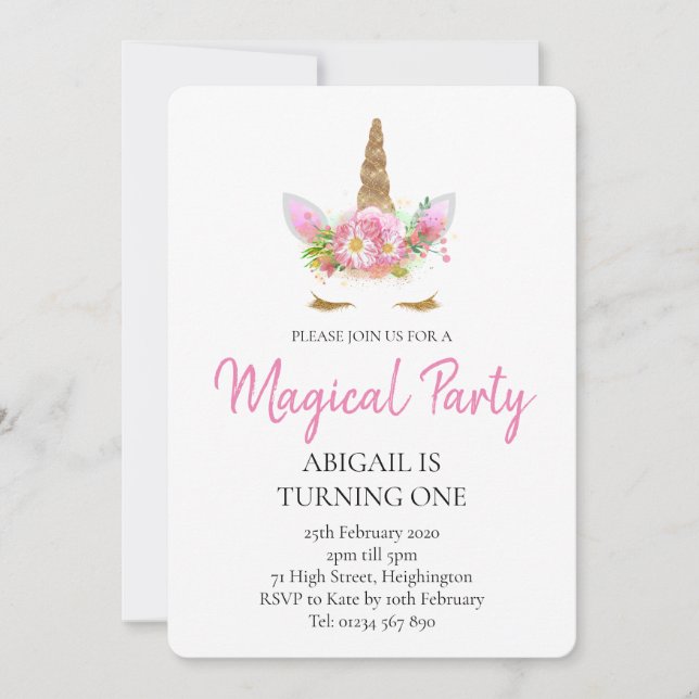 unicorn 1st birthday invitation (Front)