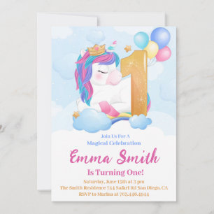 Unicorn 1st Birthday Invitation Balloons Rainbow