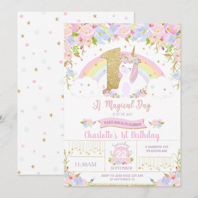 Unicorn 1st Birthday Invitation Floral Rainbow (Front/Back)