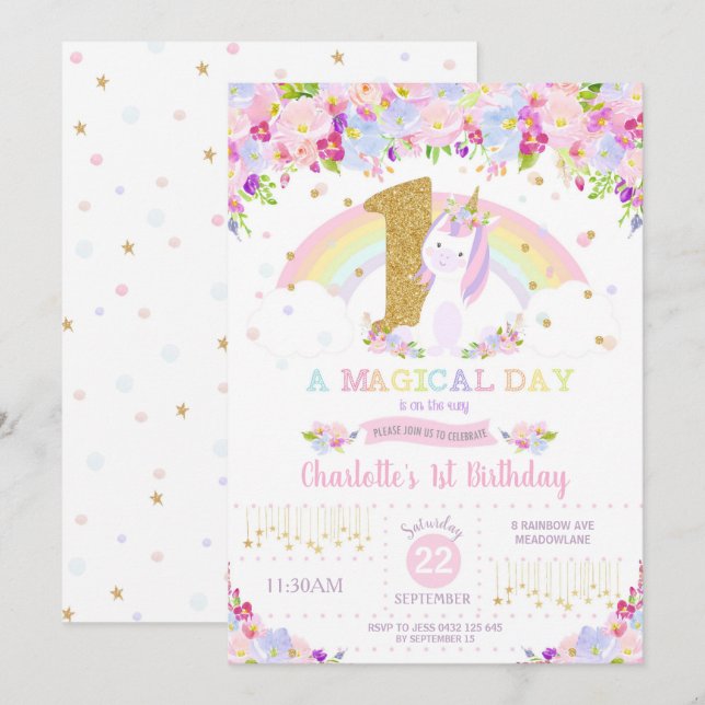 Unicorn 1st Birthday Invitation Floral Rainbow (Front/Back)