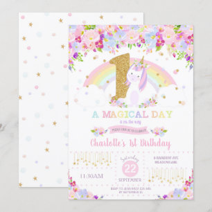 Unicorn 1st Birthday Invitation Floral Rainbow
