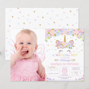 Unicorn 1st Birthday Invitation Floral Rainbow