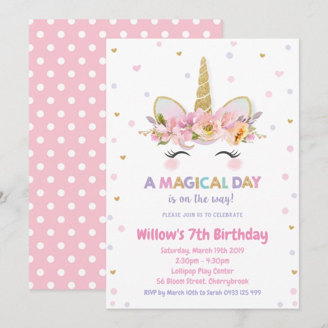Unicorn 1st Birthday Invitation Girls Gold Glitter (Front/Back)