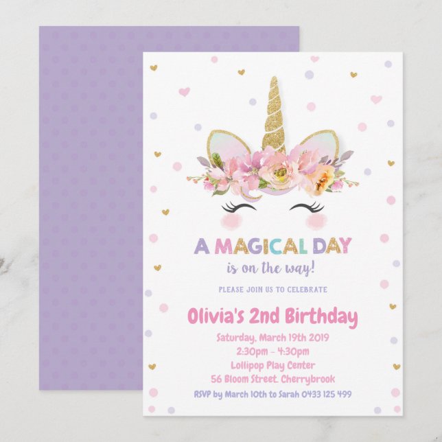 Unicorn 1st Birthday Invitation Girls Gold Glitter (Front/Back)