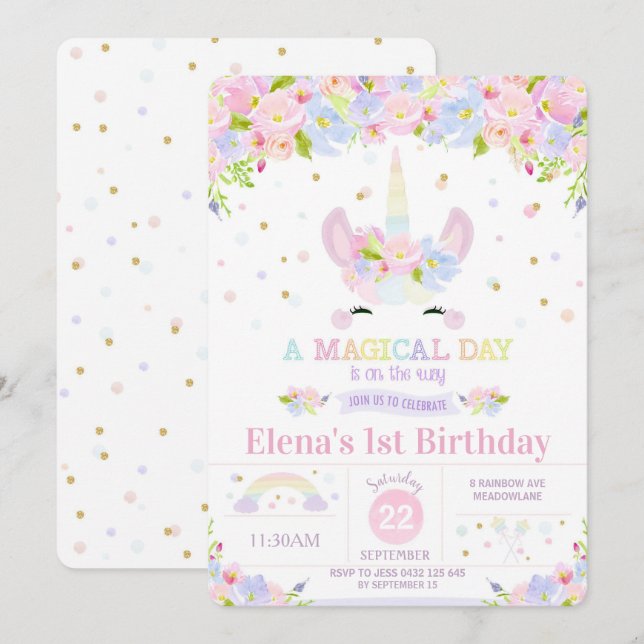 Unicorn 1st Birthday Invitation Rainbow Floral (Front/Back)