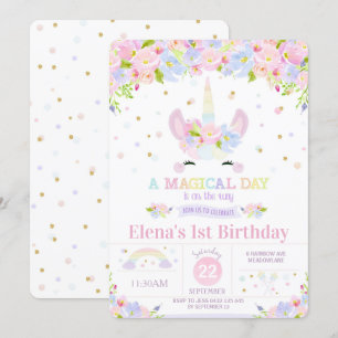 Unicorn 1st Birthday Invitation Rainbow Floral