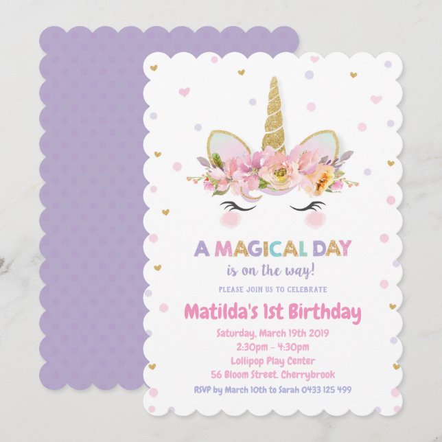 Unicorn 1st Birthday Invitations Girls Floral (Front/Back)