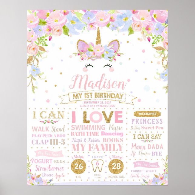 Unicorn 1st Birthday Milestones Birth Stats Poster (Front)