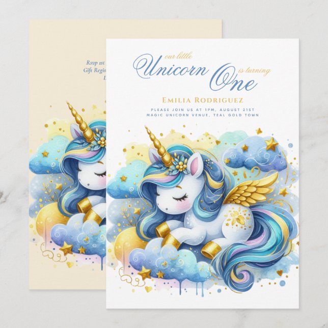 Unicorn 1st Birthday (or EDIT AGE) Teal Gold Invitation (Front/Back)