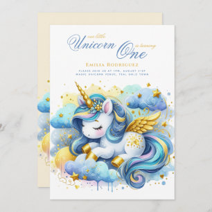 Unicorn 1st Birthday (or EDIT AGE) Teal Gold Invitation