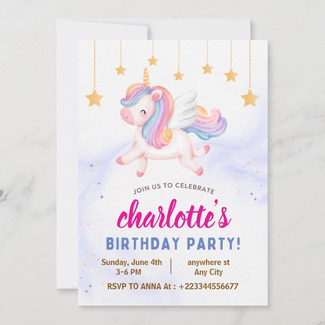 unicorn 1st birthday party invitation (Front)