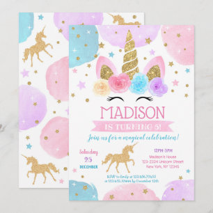 Unicorn 1st Birthday Party Invitations Rainbow