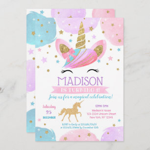 Unicorn 1st Birthday Party Invitations Rainbow