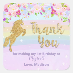 Unicorn 1st Birthday Party Thank You Favour Square Sticker