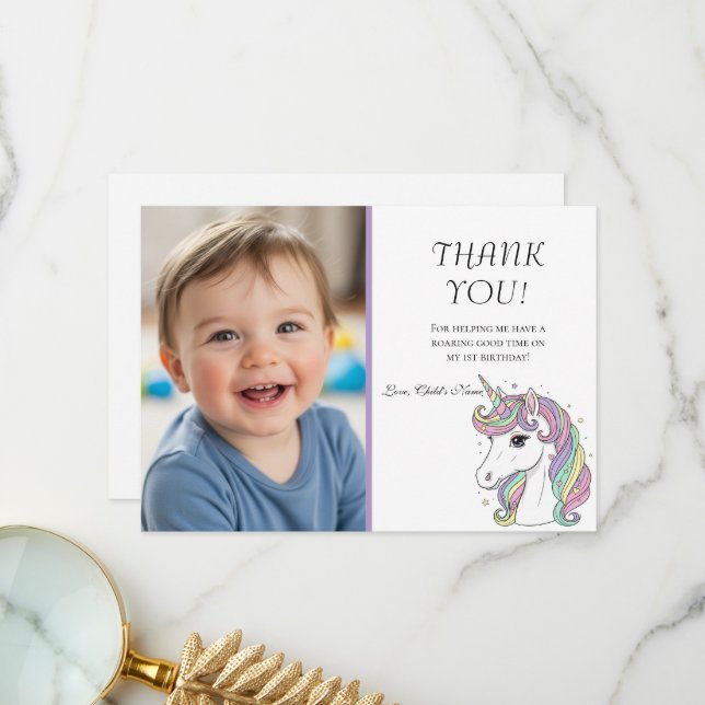 Unicorn 1st Birthday Photo Thank You Card (Front/Back In Situ)