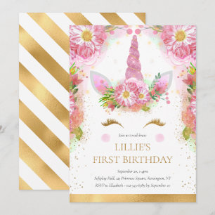 Unicorn 1st Birthday Pink Gold Glitter  Invitation
