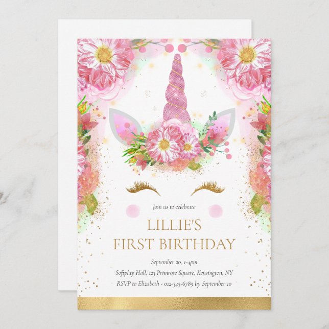 Unicorn 1st Birthday Pink Gold Glitter  Invitation (Front/Back)