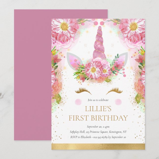 Unicorn 1st Birthday Pink Gold Glitter  Invitation (Front/Back)