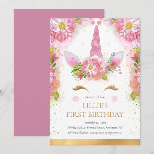 Unicorn 1st Birthday Pink Gold Glitter  Invitation