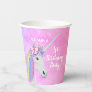 Unicorn 1st Birthday Pink Purple Watercolor Name Paper Cups